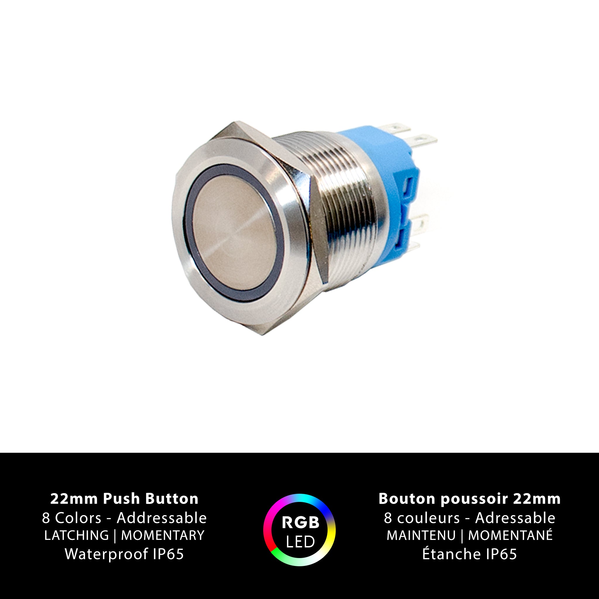 22mm Push Button - 8 Colors, Addressable, Latching and Momentary, Waterproof IP65"Bouton poussoir 22mm - 8 couleurs, adressable, maintenu et momentané, étanche  BAYWATT