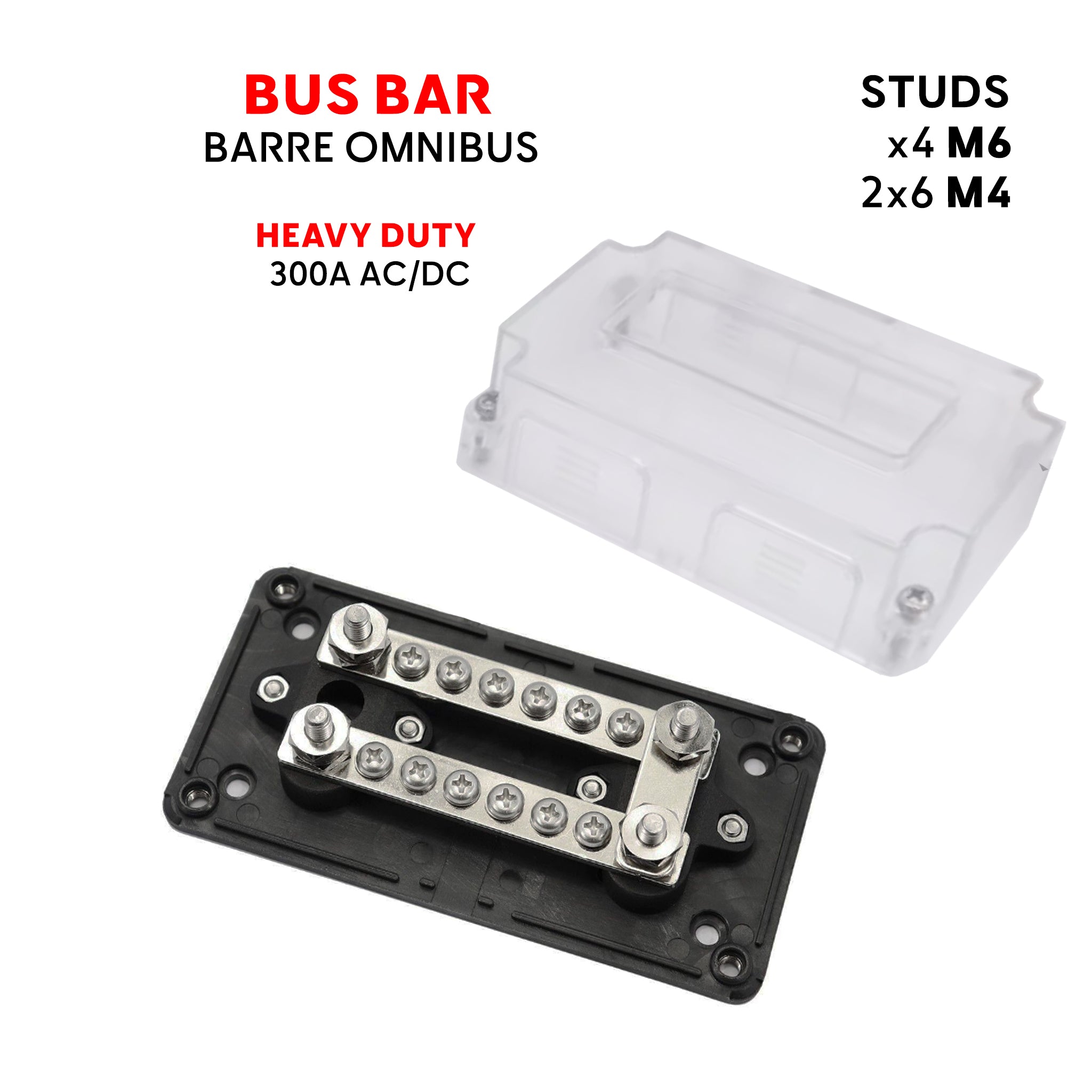 Marine junction box 300A, M6 & M4 studs, polycarbonate cover (transparent) - Heavy duty boat battery connector Baywatt