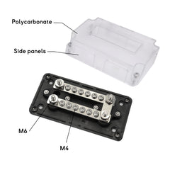 Boîtier de jonction marine 300A, goujons M6 et M4, couvercle en polycarbonate transparent - Barre omnibus de batterie bateau robuste Busbar Baywatt.com