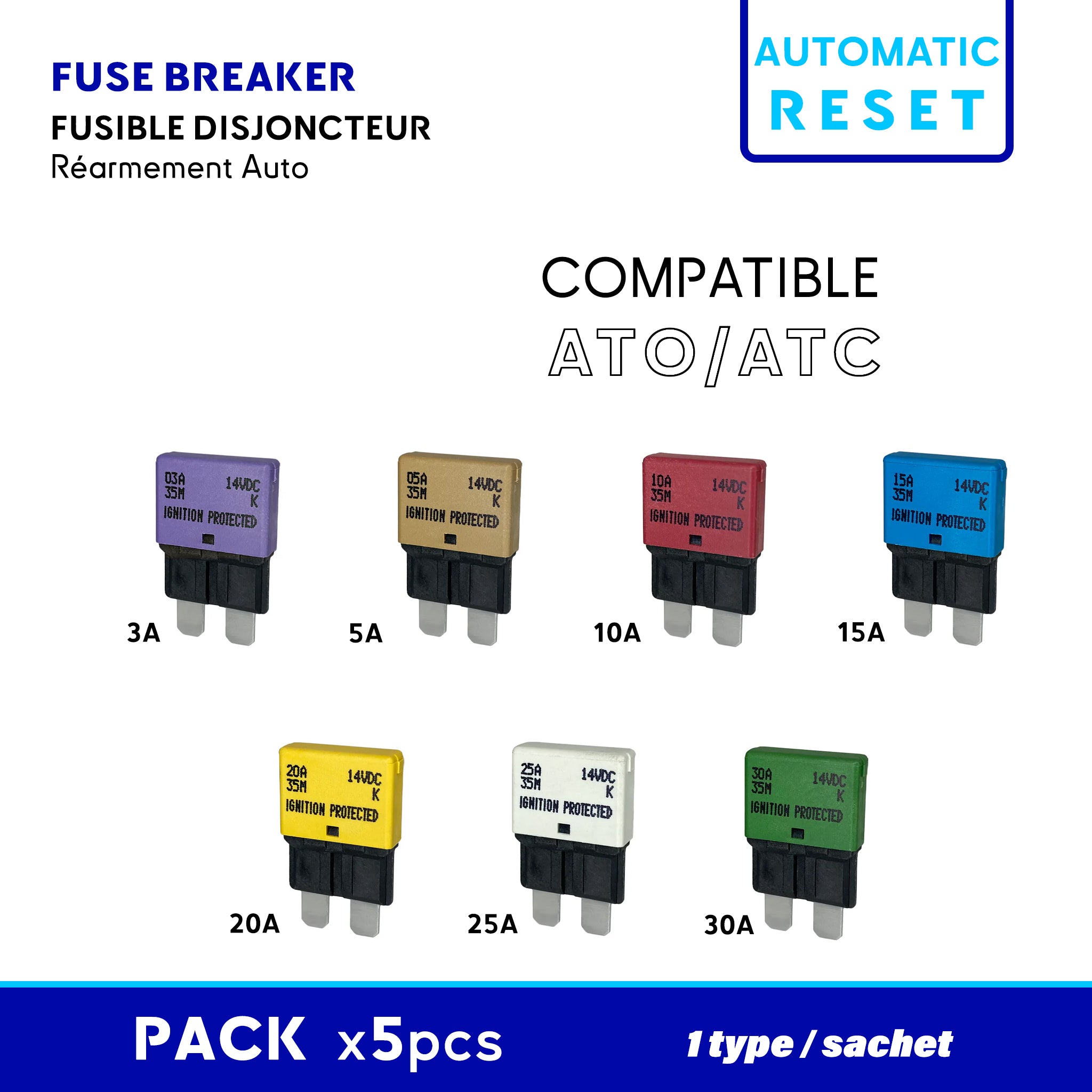 Auto reset fuse breaker ATO/ATC Marine fuse block Baywatt Fusible Rearmable Fusible rearmement automatique bateau porte fusible ATO pack 5pcs/Sachet Baywatt.com