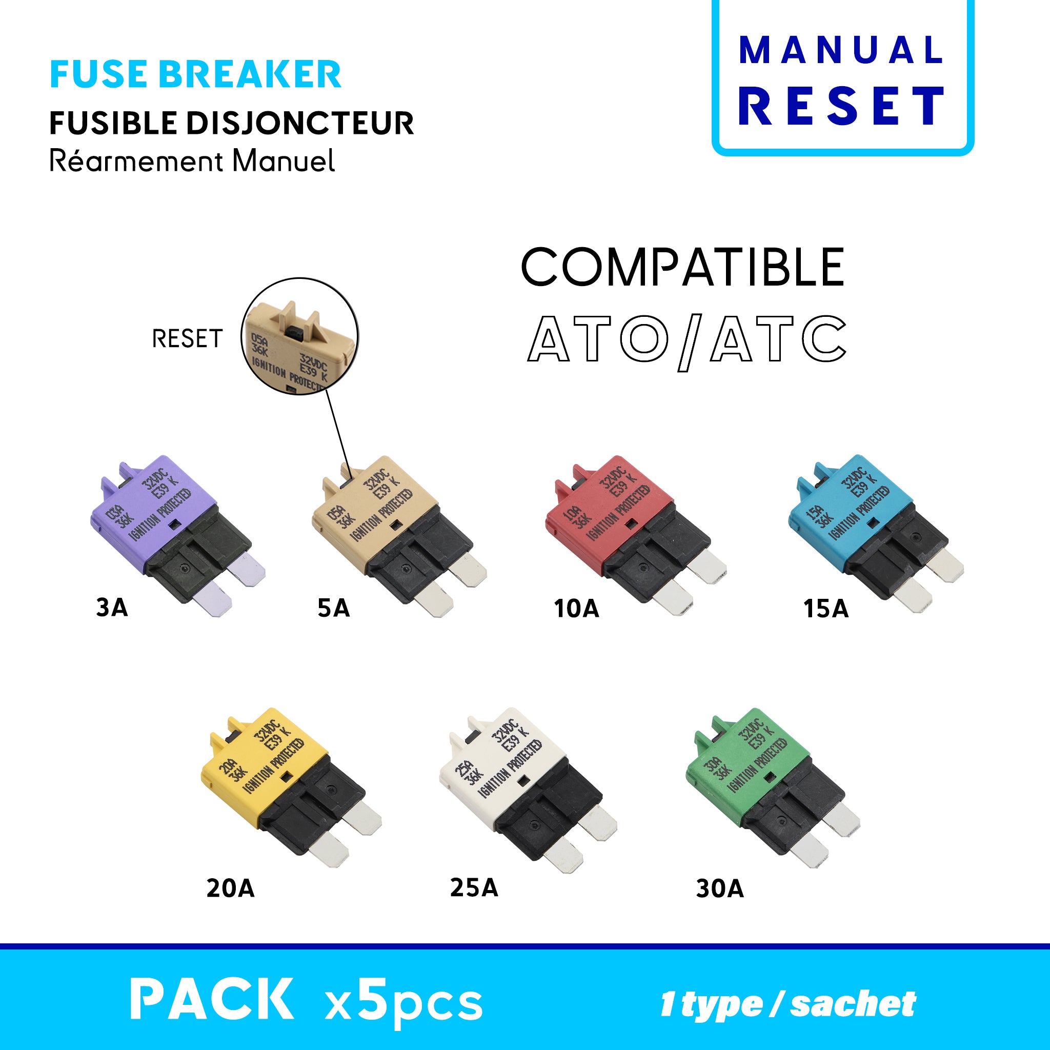 Fusible disjoncteur format ATO/ATC avec rearmement manuel. compatible application nautisme et plaisance. Economise la consommation de fusible. sachet 5pcs baywatt.com 