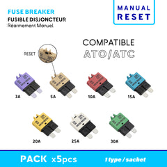 Fusible disjoncteur format ATO/ATC avec rearmement manuel. compatible application nautisme et plaisance. Economise la consommation de fusible. sachet 5pcs baywatt.com 