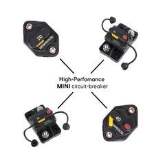 Disjoncteur thermique miniature Baywatt® de qualité marine avec réinitialisation manuelle et interrupteur marche/arrêt (30A-60A). Étanche (IP66) et protégé contre l'allumage pour un fonctionnement sûr sur les bateaux et autres applications marine