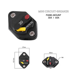 Seawatt® 30A-60A Mini Thermal Circuit Breaker (Panel Mount). Protects marine electrical circuits from overload. Waterproof (IP66)