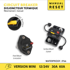 Baywatt® Marine Grade Mini Thermal Circuit Breaker with Manual Reset and On/Off Switch (30A/60A). Waterproof (IP66) and ignition protected for safe operation on boats and other marine applications.