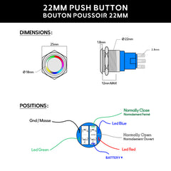 BAYWATT 22mm Push Button Dimensions and Wiring Positions  Dimensions et positions de câblage du bouton poussoir 