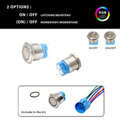 BAYWATT Two Options: 22mm Push Button - On/Off Latching and Momentary  Deux options : Bouton poussoir 22mm - On/Off maintenu et momentané RGB RVB Leds