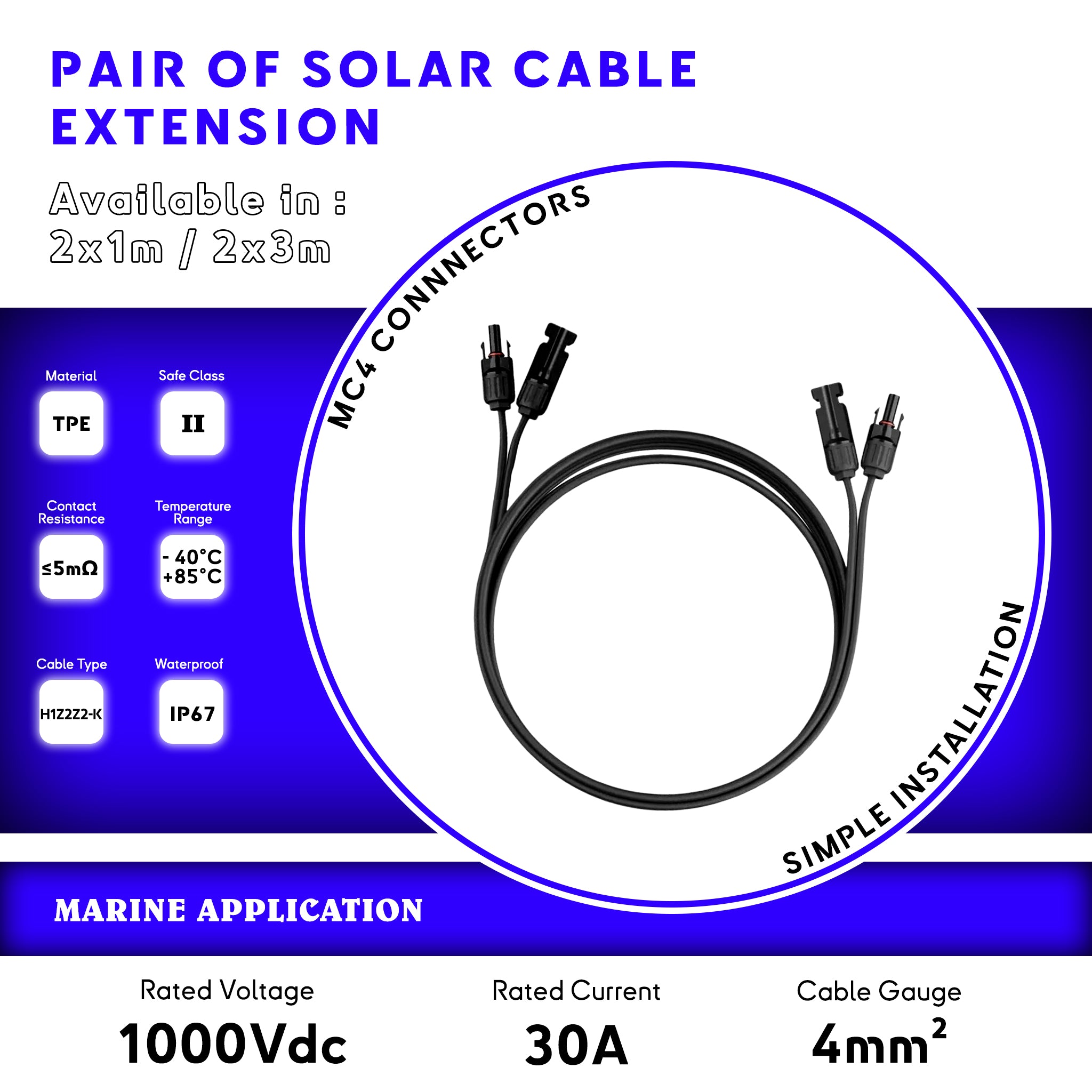 Solar Cable Extension Kit with MC4 connectors available in 2x1 meter and 2x3 meter lengths for marine and photovoltaic applications. Baywatt