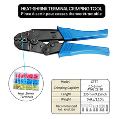 Hand crimping tool for heat shrink terminals with blue handles, designed for professional-grade precision and reliability. Ideal for securing crimps on heat shrink terminals for various electrical applications. Features color-coded sections for different wire sizes CTST Seawatt