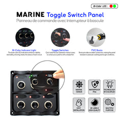 Panneau de commande marin à interrupteurs basculants avec indicateurs LED bicolores, améliorant la visibilité et la sécurité à bord des navires. TSP Series, Bay WATT