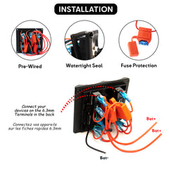 Guide d'installation du panneau de commande marin à interrupteurs basculants, montrant les connexions pré-câblées, le joint étanche et la protection par fusible. Baywatt marine