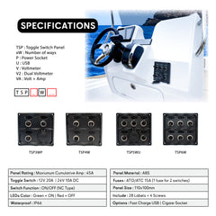 Spécifications des panneaux de commande marin à interrupteurs basculants montrant différents modèles, caractéristiques, et un panneau installé sur un tableau de bord de bateau. Baywatt
