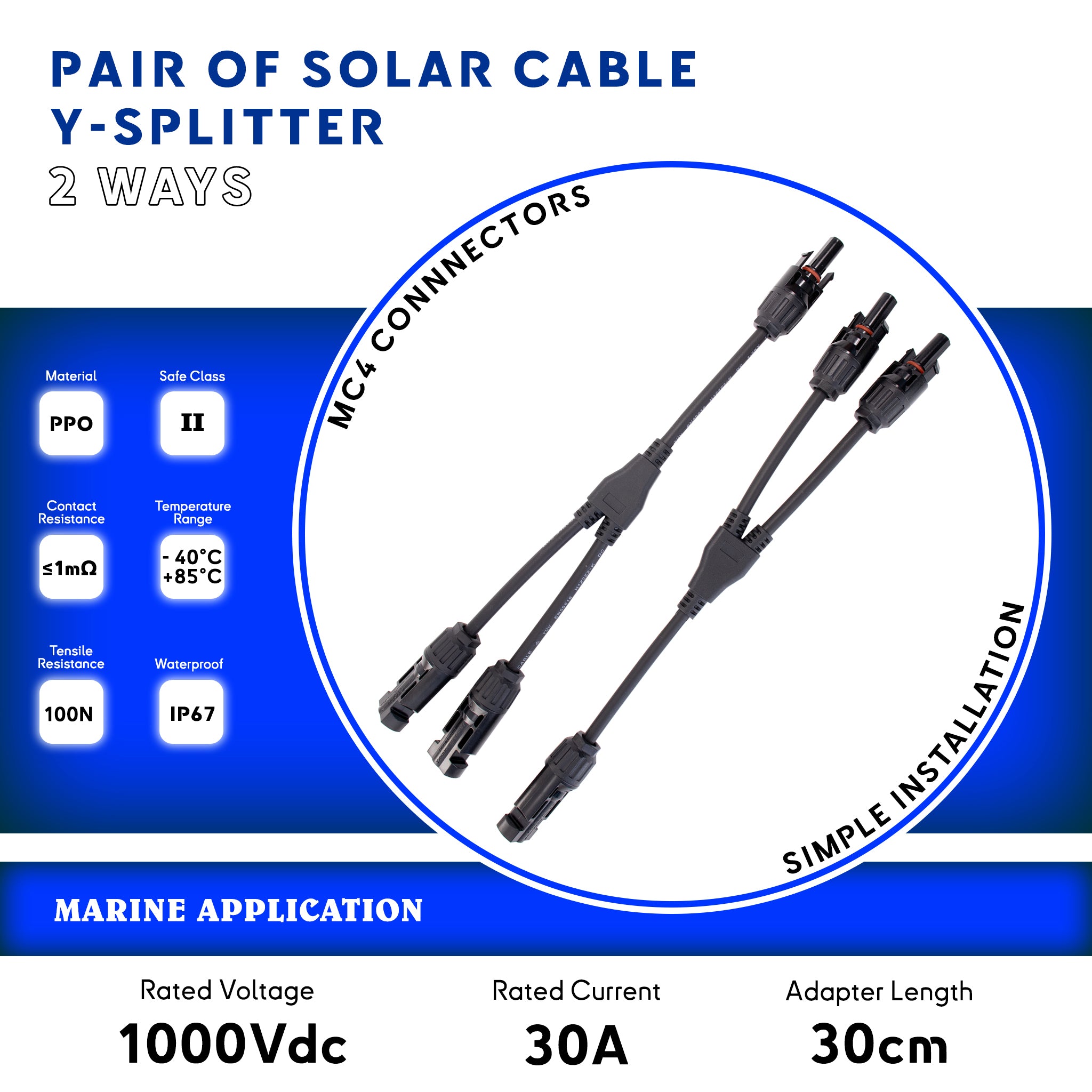 2-way Y-splitter for marine solar installations, MC4 connectors, 4mm² cable, rated 1000V 30A, ideal for connecting solar panels in parallel Baywatt.com