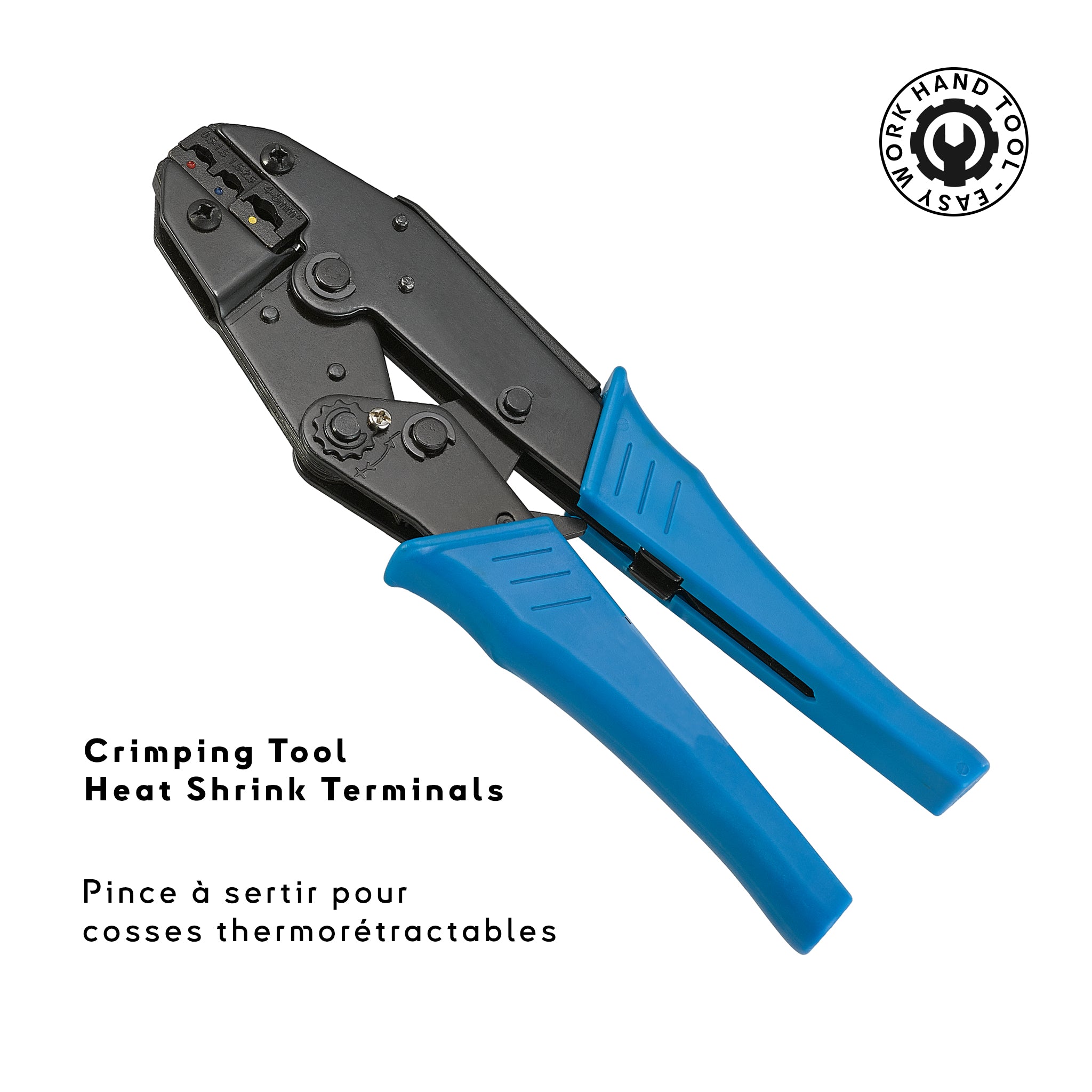 Pince à sertir manuelle pour cosses thermorétractables avec des poignées bleues, conçue pour une précision et une fiabilité de qualité professionnelle. Idéale pour sécuriser les sertissages sur les cosses thermorétractables pour diverses applications électriques. Comprend des sections codées par couleur pour différentes tailles de fils. CTST Baywatt